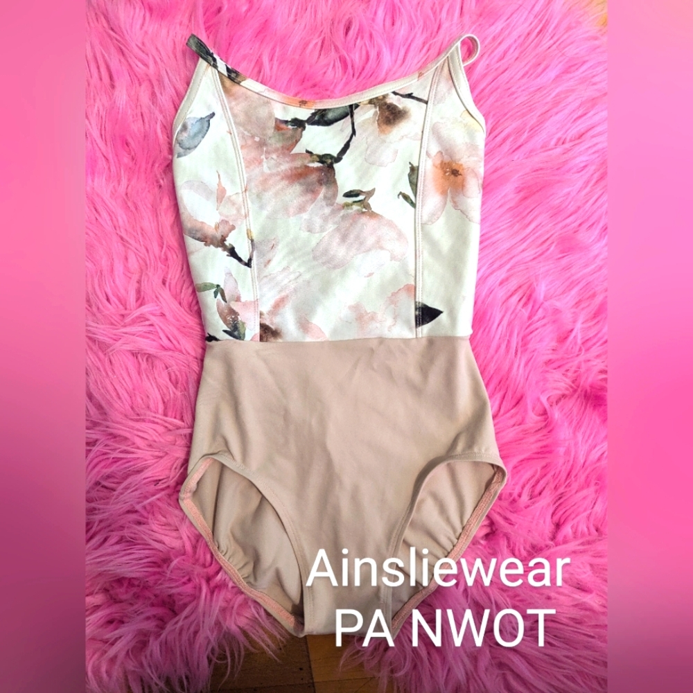 Ainsliewear pink beige floral leotard PA petite adult